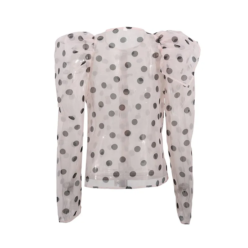 Women's Casual Fashionable Shirt Round Neck Long Sleeve Breathable Mesh Top Single Button Round Dot Pattern Comfortable Shirt display picture 7