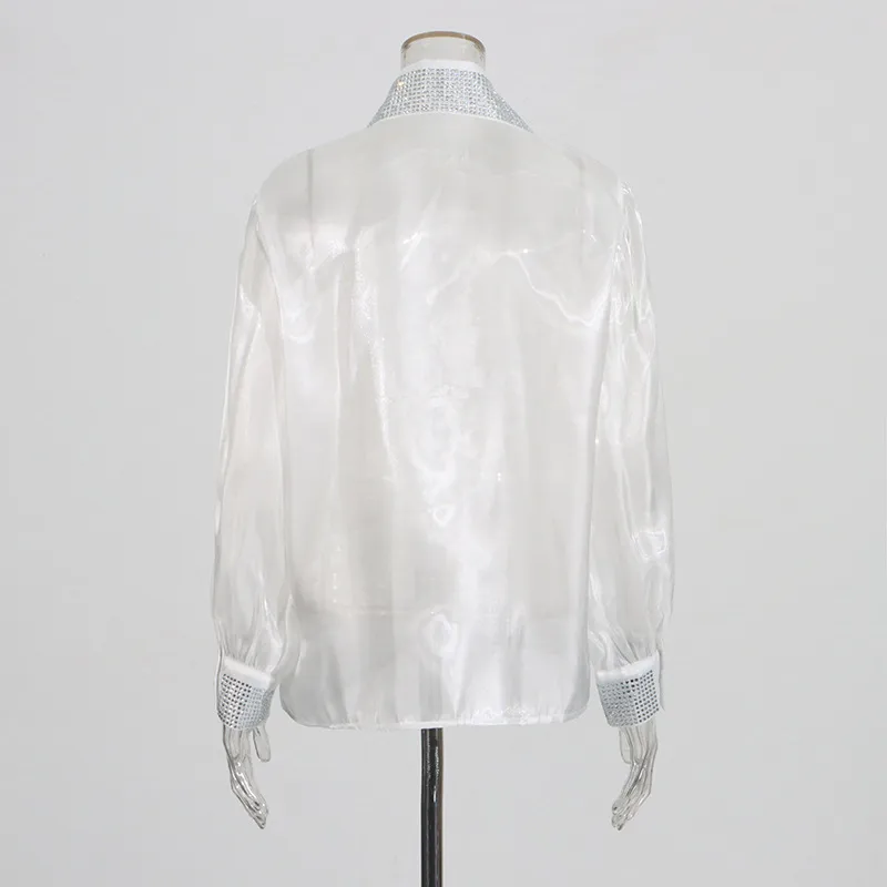 Casual Loose Mesh Shirt Women's Style Solid Color Pointed Collar Diamond Embellished See-through Design Long Sleeve Mid-length Top display picture 9