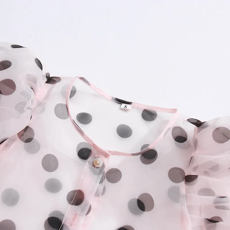 Women's Casual Fashionable Shirt Round Neck Long Sleeve Breathable Mesh Top Single Button Round Dot Pattern Comfortable Shirt display picture 9