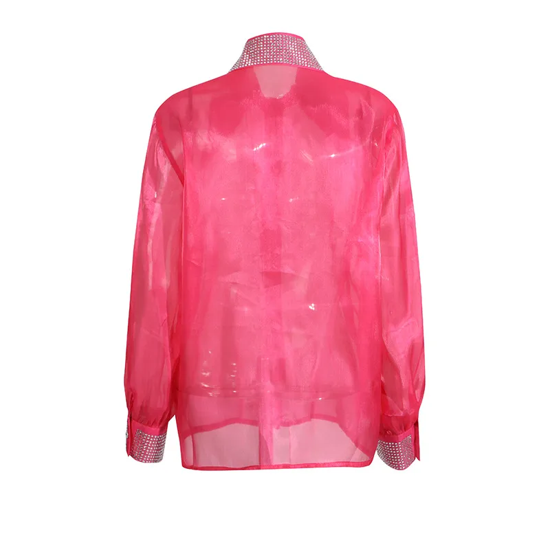 Casual Loose Mesh Shirt Women's Style Solid Color Pointed Collar Diamond Embellished See-through Design Long Sleeve Mid-length Top display picture 11