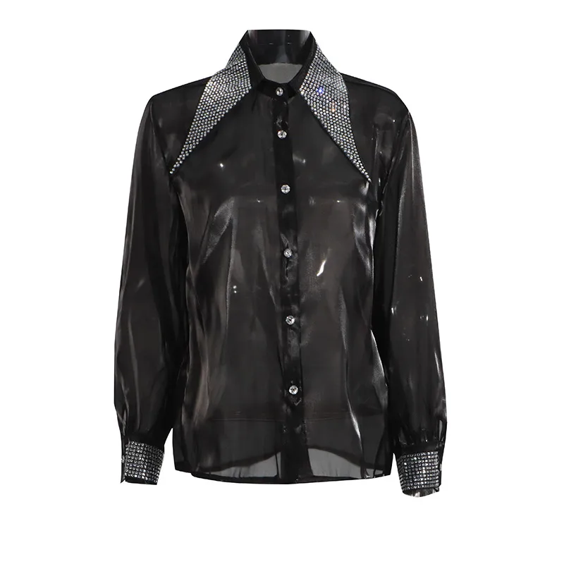 Casual Loose Mesh Shirt Women's Style Solid Color Pointed Collar Diamond Embellished See-through Design Long Sleeve Mid-length Top display picture 12