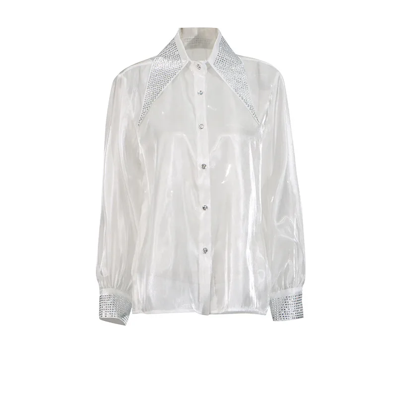 Casual Loose Mesh Shirt Women's Style Solid Color Pointed Collar Diamond Embellished See-through Design Long Sleeve Mid-length Top display picture 13