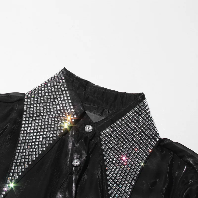 Casual Loose Mesh Shirt Women's Style Solid Color Pointed Collar Diamond Embellished See-through Design Long Sleeve Mid-length Top display picture 14