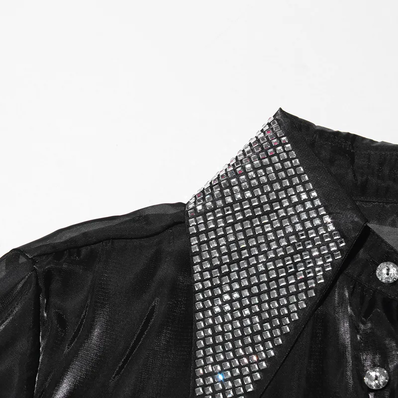 Casual Loose Mesh Shirt Women's Style Solid Color Pointed Collar Diamond Embellished See-through Design Long Sleeve Mid-length Top display picture 15