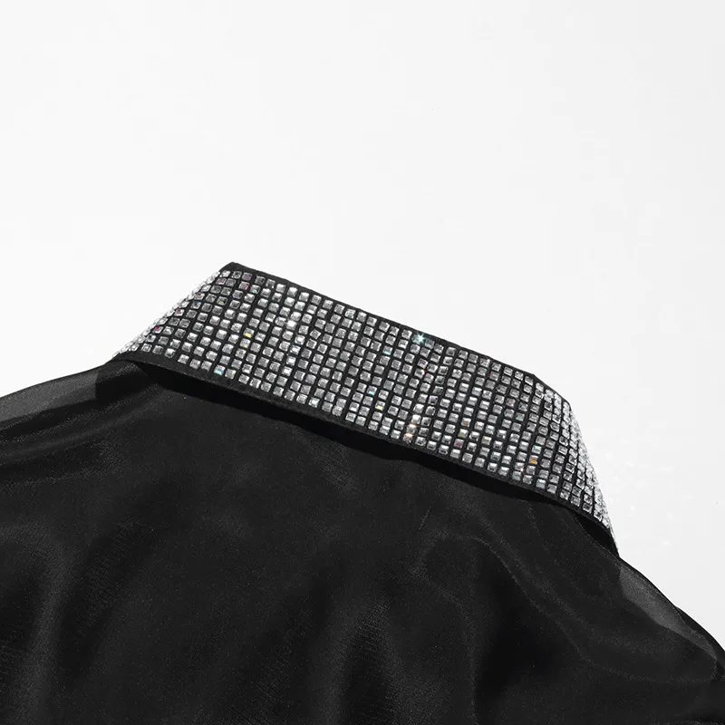 Casual Loose Mesh Shirt Women's Style Solid Color Pointed Collar Diamond Embellished See-through Design Long Sleeve Mid-length Top display picture 20