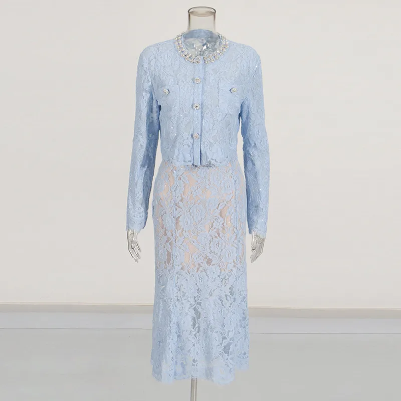 Elegant Embroidered Lace Top High Waist Mini Skirt Set Round Neck Diamond Luxury Casual Fashion Women's Cotton Polyester display picture 3