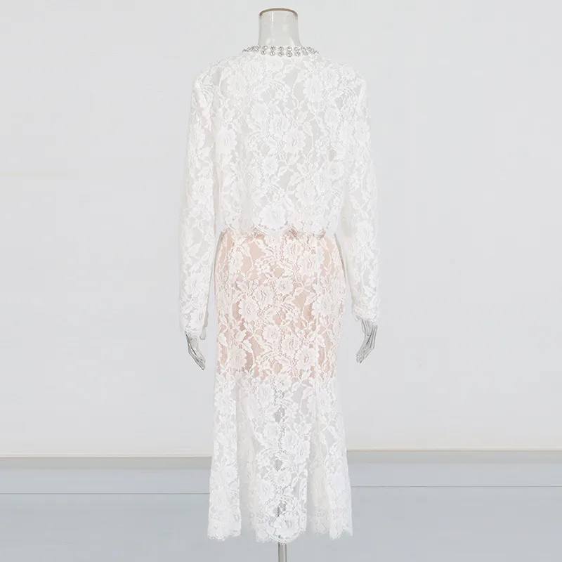 Elegant Embroidered Lace Top High Waist Mini Skirt Set Round Neck Diamond Luxury Casual Fashion Women's Cotton Polyester display picture 6