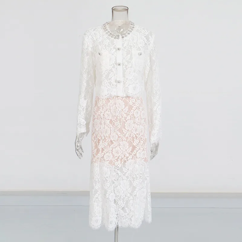 Elegant Embroidered Lace Top High Waist Mini Skirt Set Round Neck Diamond Luxury Casual Fashion Women's Cotton Polyester display picture 5