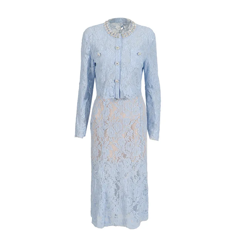 Elegant Embroidered Lace Top High Waist Mini Skirt Set Round Neck Diamond Luxury Casual Fashion Women's Cotton Polyester display picture 7
