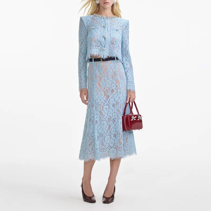 Elegant Embroidered Lace Top High Waist Mini Skirt Set Round Neck Diamond Luxury Casual Fashion Women's Cotton Polyester display picture 2