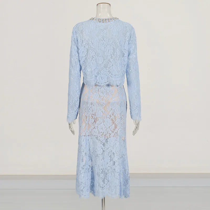Elegant Embroidered Lace Top High Waist Mini Skirt Set Round Neck Diamond Luxury Casual Fashion Women's Cotton Polyester display picture 4