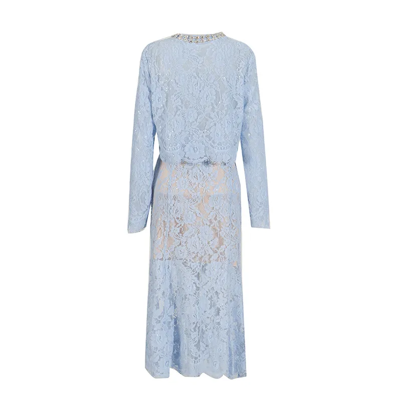 Elegant Embroidered Lace Top High Waist Mini Skirt Set Round Neck Diamond Luxury Casual Fashion Women's Cotton Polyester display picture 8