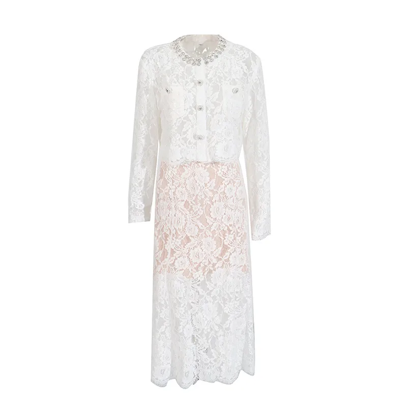 Elegant Embroidered Lace Top High Waist Mini Skirt Set Round Neck Diamond Luxury Casual Fashion Women's Cotton Polyester display picture 9