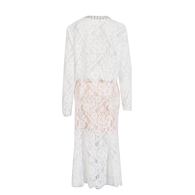 Elegant Embroidered Lace Top High Waist Mini Skirt Set Round Neck Diamond Luxury Casual Fashion Women's Cotton Polyester display picture 10