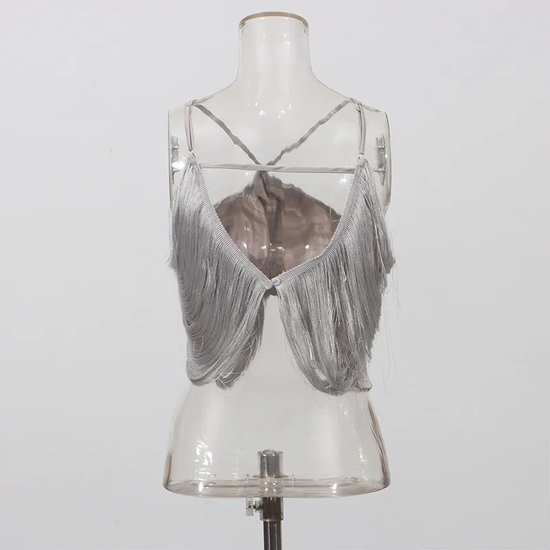 Sexy Asymmetric Hanging Neck Top Tassel Trim Sleeveless Pure Color High-End Feeling Vest Women's Trendy Clothing display picture 4