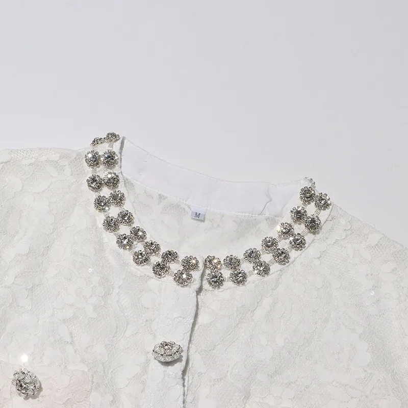 Elegant Embroidered Lace Top High Waist Mini Skirt Set Round Neck Diamond Luxury Casual Fashion Women's Cotton Polyester display picture 11