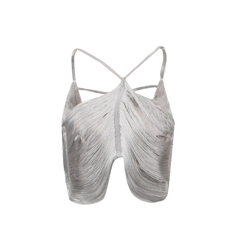 Sexy Asymmetric Hanging Neck Top Tassel Trim Sleeveless Pure Color High-End Feeling Vest Women's Trendy Clothing display picture 5