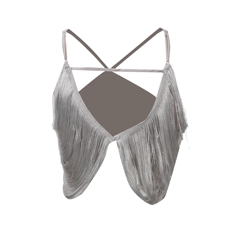 Sexy Asymmetric Hanging Neck Top Tassel Trim Sleeveless Pure Color High-End Feeling Vest Women's Trendy Clothing display picture 6