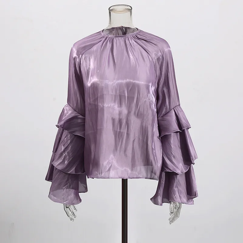 Elegant Women's Summer Shirt Round Neck Laminated Sleeve Chiffon Casual Loose Long Sleeve Solid Color Han Style display picture 3