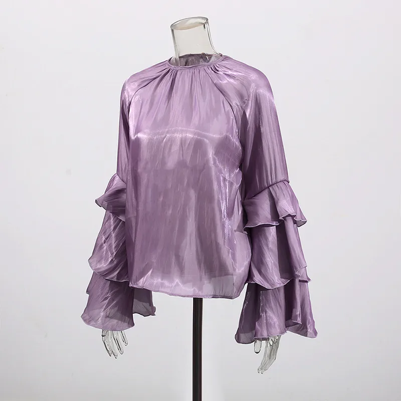 Elegant Women's Summer Shirt Round Neck Laminated Sleeve Chiffon Casual Loose Long Sleeve Solid Color Han Style display picture 4