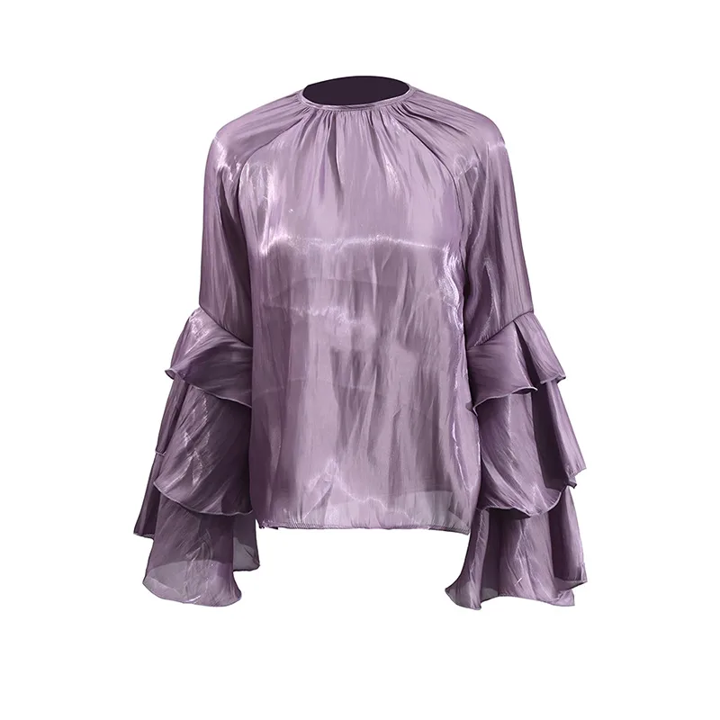 Elegant Women's Summer Shirt Round Neck Laminated Sleeve Chiffon Casual Loose Long Sleeve Solid Color Han Style display picture 6