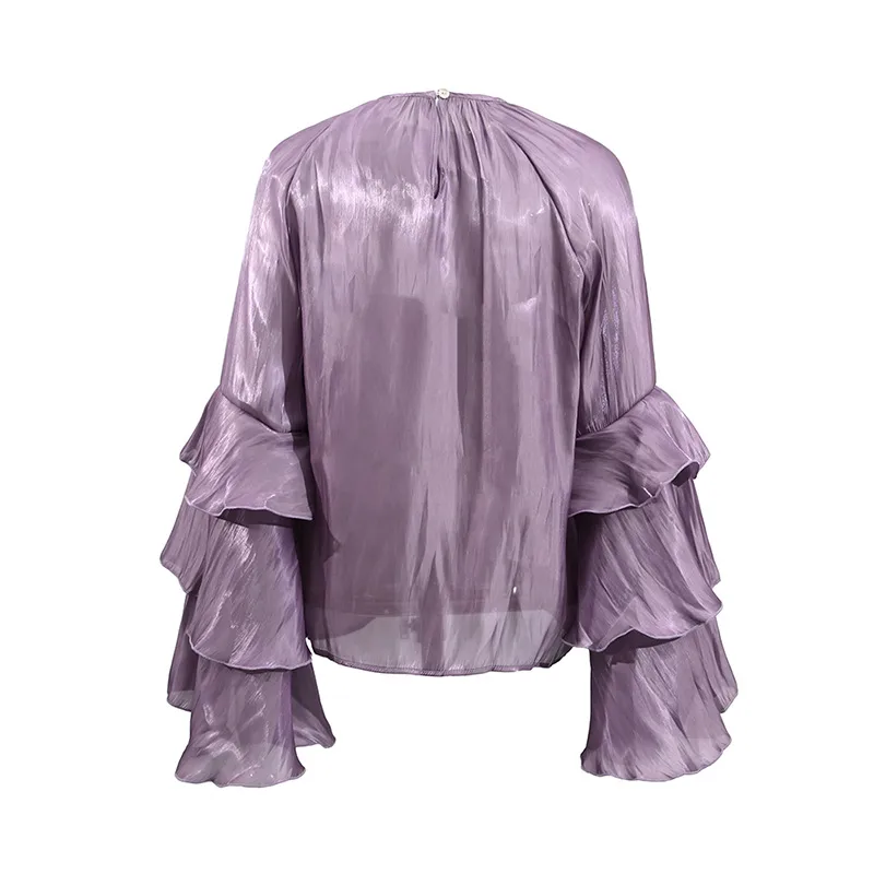 Elegant Women's Summer Shirt Round Neck Laminated Sleeve Chiffon Casual Loose Long Sleeve Solid Color Han Style display picture 7
