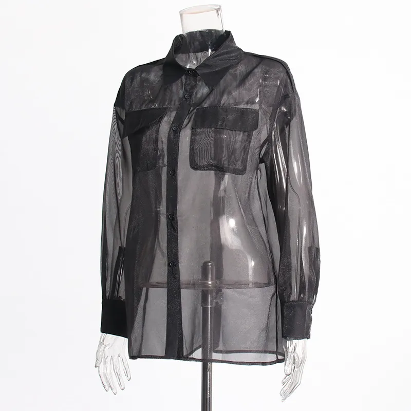 Elegant Thin Summer New Design Mesh See-through Loose Casual Women's Shirt Pure Color Long Sleeve Business Casual Top display picture 4