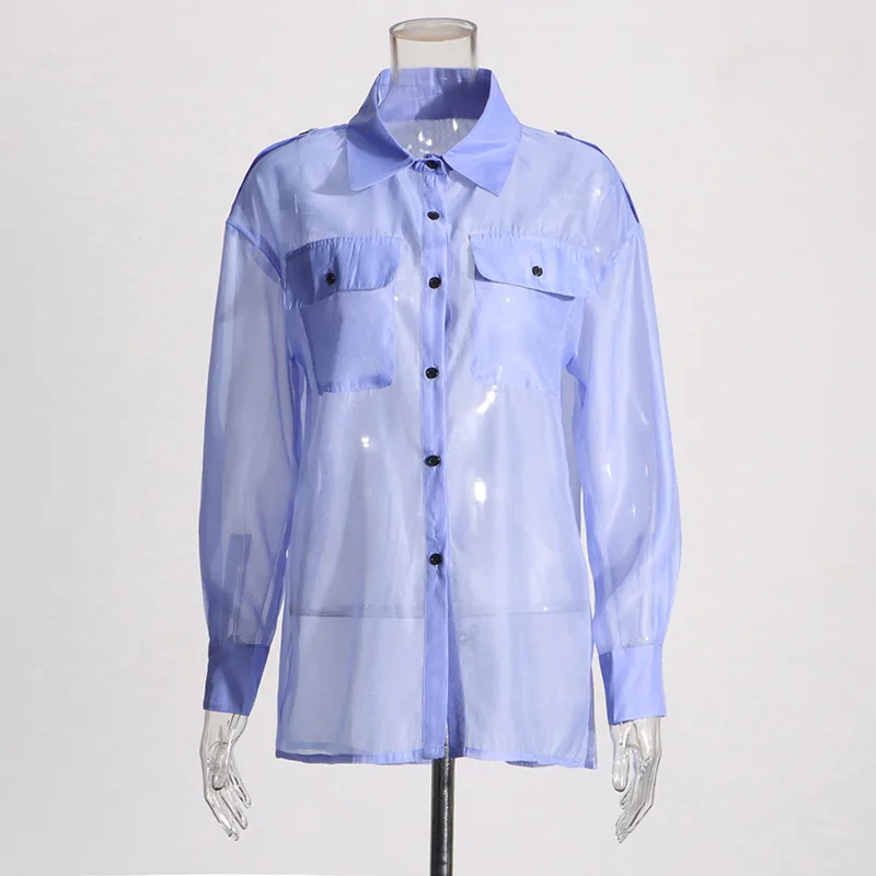 Elegant Thin Summer New Design Mesh See-through Loose Casual Women's Shirt Pure Color Long Sleeve Business Casual Top display picture 6