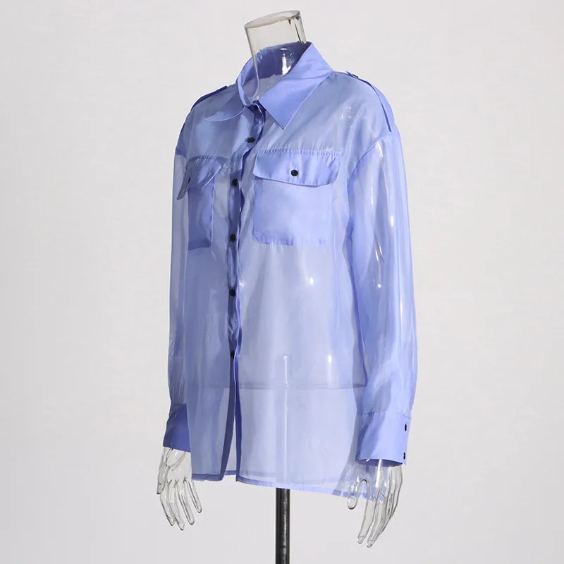 Elegant Thin Summer New Design Mesh See-through Loose Casual Women's Shirt Pure Color Long Sleeve Business Casual Top display picture 7