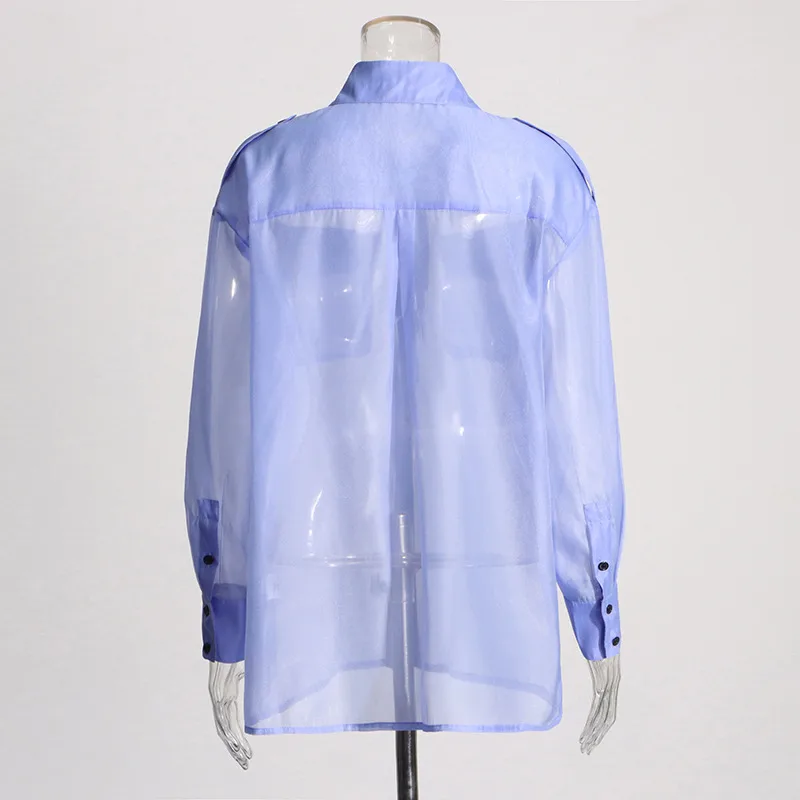 Elegant Thin Summer New Design Mesh See-through Loose Casual Women's Shirt Pure Color Long Sleeve Business Casual Top display picture 8
