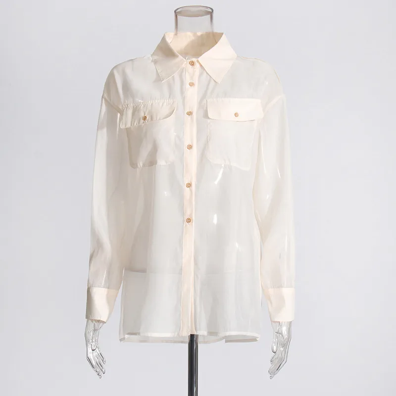 Elegant Thin Summer New Design Mesh See-through Loose Casual Women's Shirt Pure Color Long Sleeve Business Casual Top display picture 9