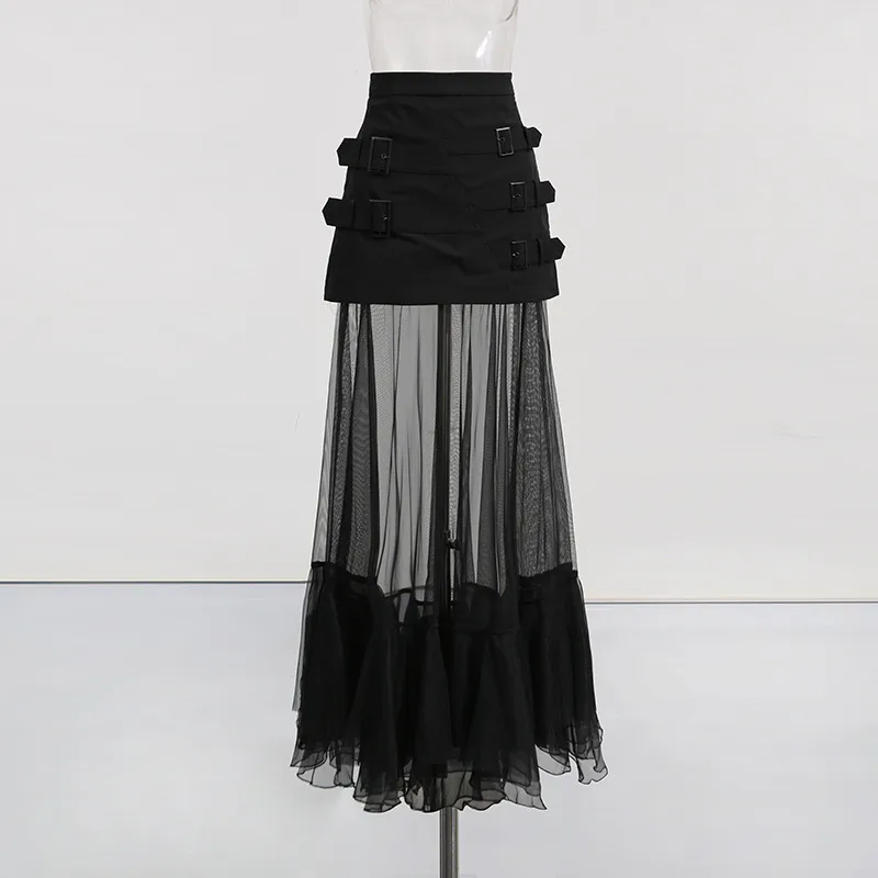 Fashionable Mesh Half Skirt For Women In Solid Color With Splice See-through Design Ankle-length A-line Skirts Street Style display picture 3