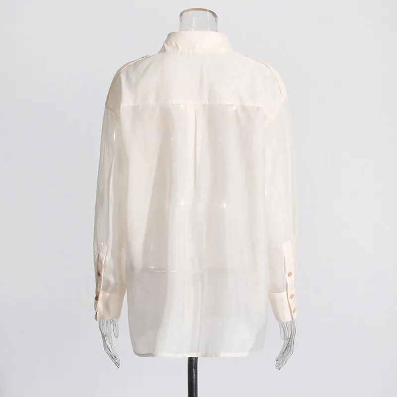 Elegant Thin Summer New Design Mesh See-through Loose Casual Women's Shirt Pure Color Long Sleeve Business Casual Top display picture 11