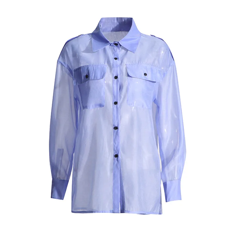 Elegant Thin Summer New Design Mesh See-through Loose Casual Women's Shirt Pure Color Long Sleeve Business Casual Top display picture 12