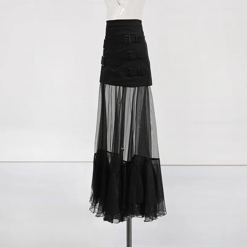 Fashionable Mesh Half Skirt For Women In Solid Color With Splice See-through Design Ankle-length A-line Skirts Street Style display picture 4