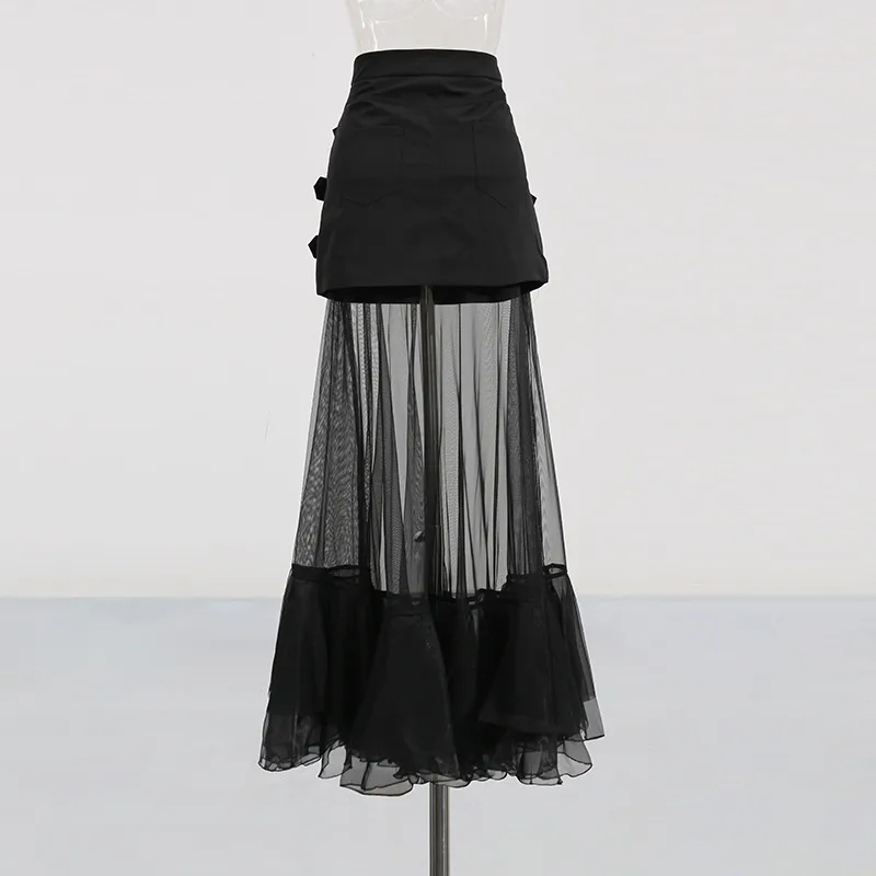 Fashionable Mesh Half Skirt For Women In Solid Color With Splice See-through Design Ankle-length A-line Skirts Street Style display picture 5
