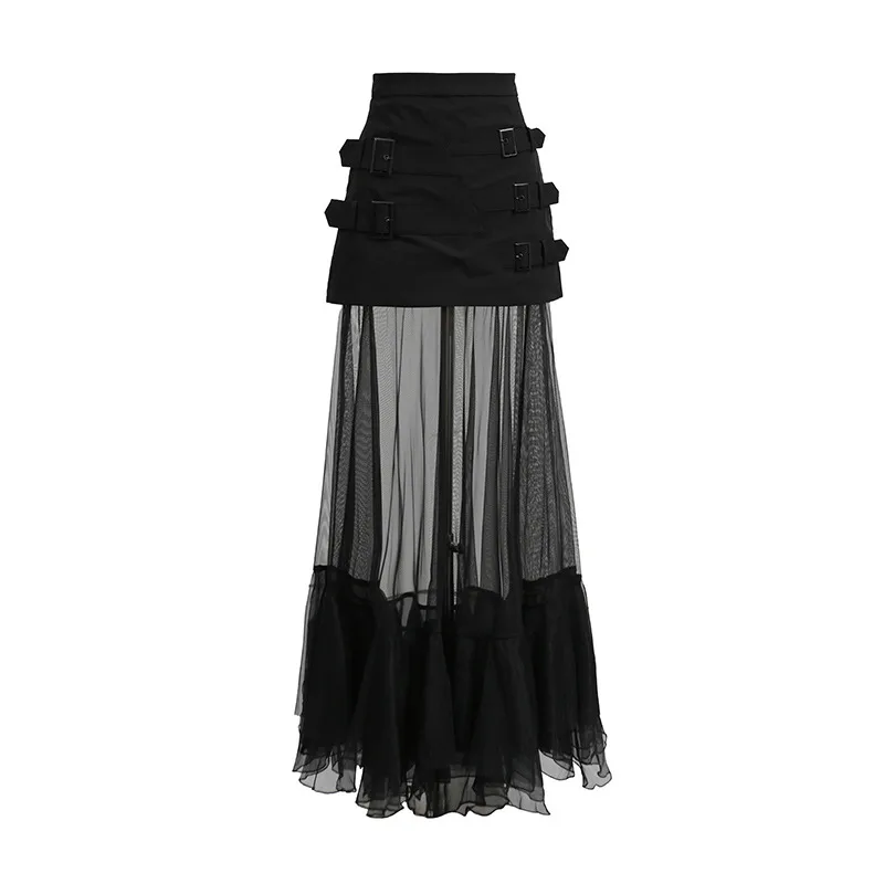 Fashionable Mesh Half Skirt For Women In Solid Color With Splice See-through Design Ankle-length A-line Skirts Street Style display picture 6