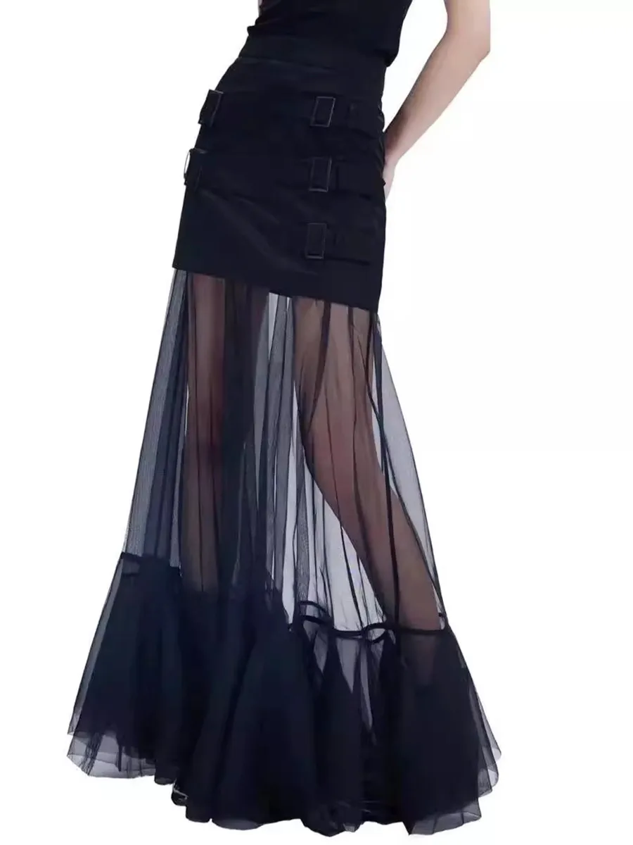 Fashionable Mesh Half Skirt For Women In Solid Color With Splice See-through Design Ankle-length A-line Skirts Street Style display picture 2