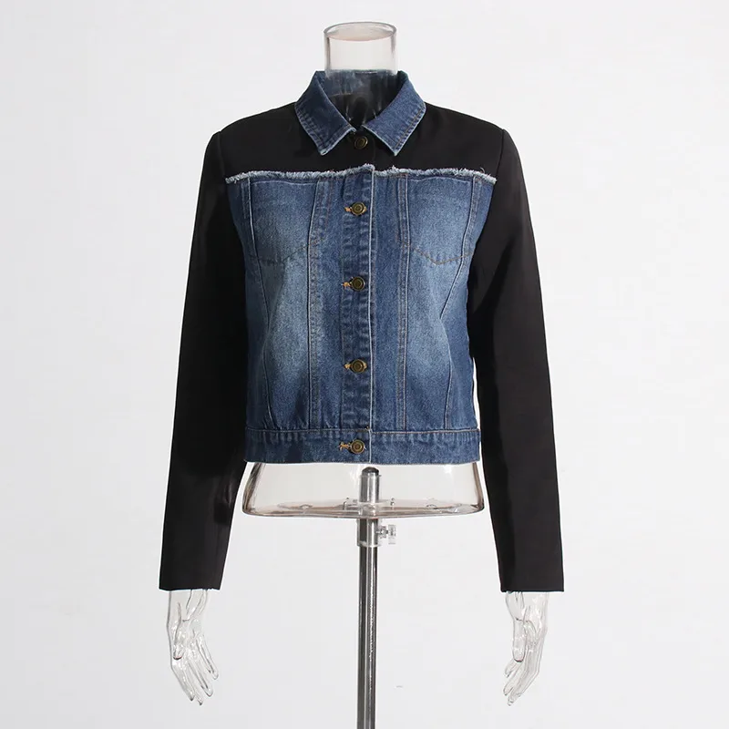 Casual Style Stitching Color Block Slim Fit Straight-Leg Denim Jacket Ladies Summer New Fashion Top Quality Coat display picture 3