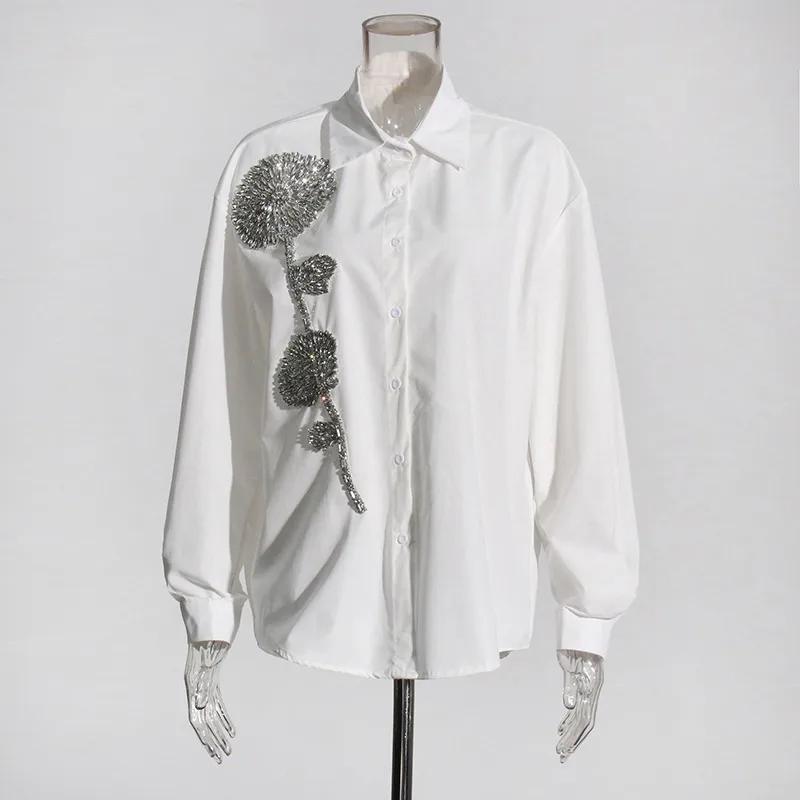 Elegant Commuter Style Loose Women's Shirt Diamond Embedded Versatile Mid-Length Casual Top Summer Fashion Trend 2025 display picture 6