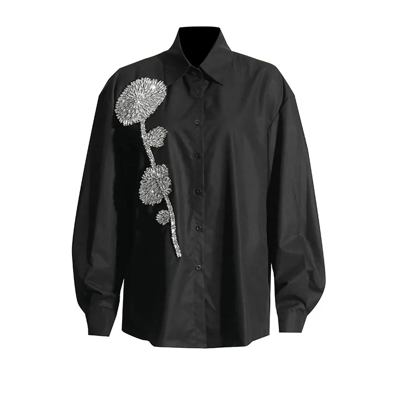 Elegant Commuter Style Loose Women's Shirt Diamond Embedded Versatile Mid-Length Casual Top Summer Fashion Trend 2025 display picture 8