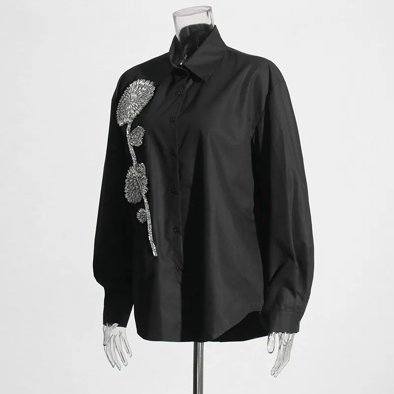 Elegant Commuter Style Loose Women's Shirt Diamond Embedded Versatile Mid-Length Casual Top Summer Fashion Trend 2025 display picture 4