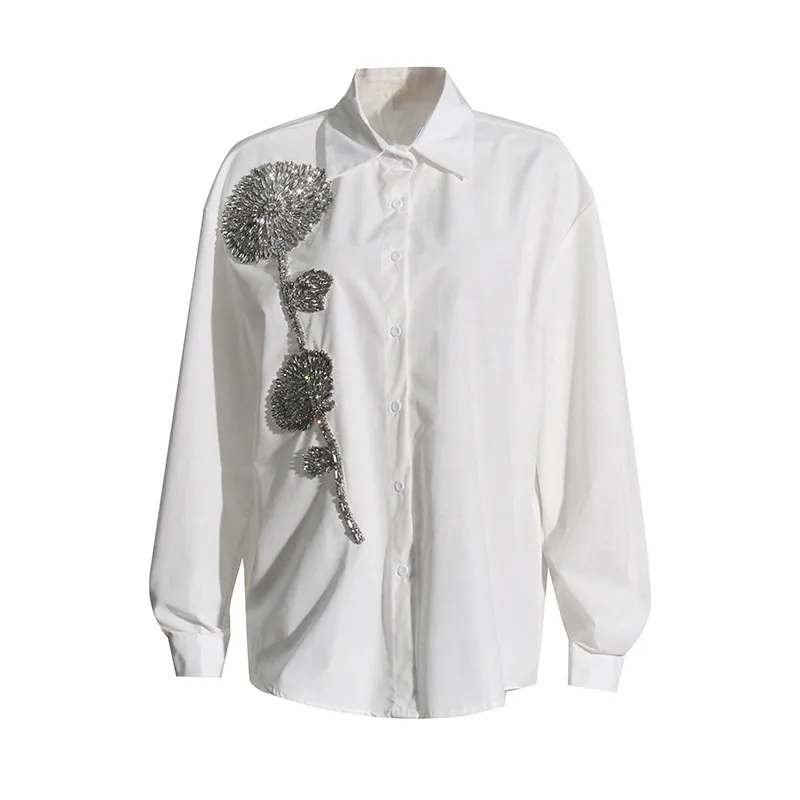 Elegant Commuter Style Loose Women's Shirt Diamond Embedded Versatile Mid-Length Casual Top Summer Fashion Trend 2025 display picture 10