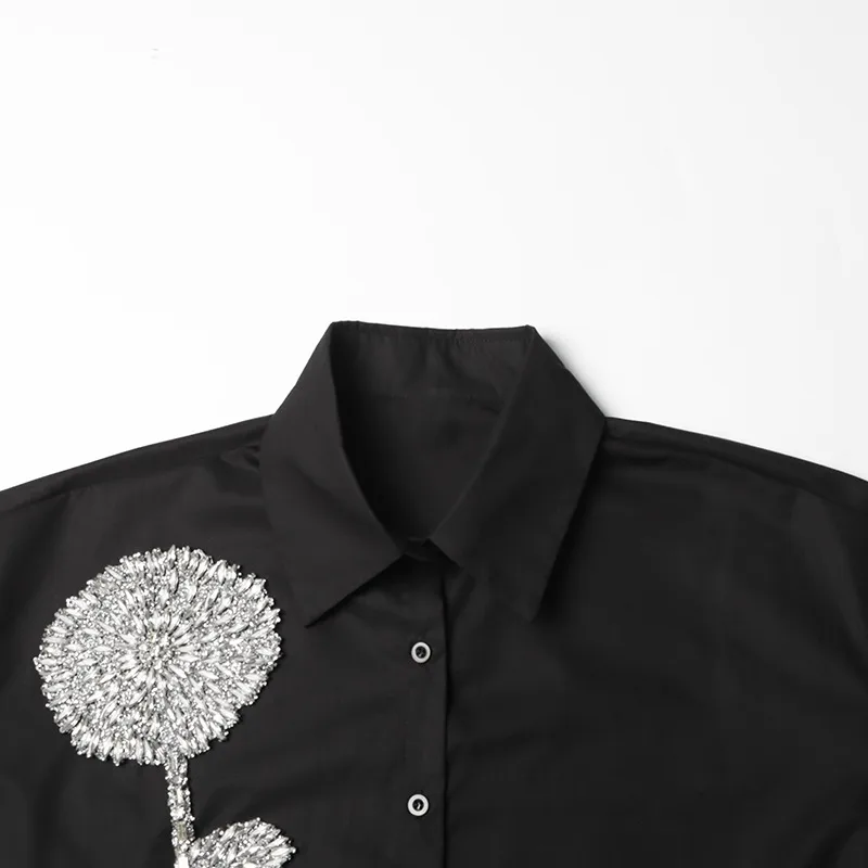 Elegant Commuter Style Loose Women's Shirt Diamond Embedded Versatile Mid-Length Casual Top Summer Fashion Trend 2025 display picture 12