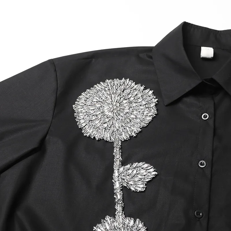 Elegant Commuter Style Loose Women's Shirt Diamond Embedded Versatile Mid-Length Casual Top Summer Fashion Trend 2025 display picture 14