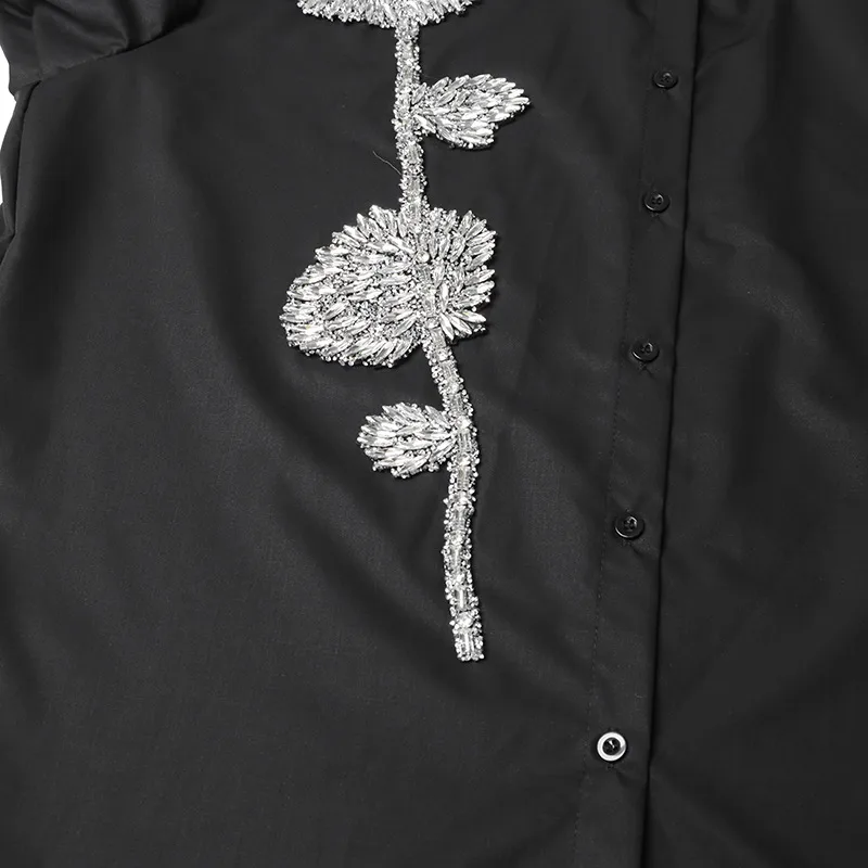 Elegant Commuter Style Loose Women's Shirt Diamond Embedded Versatile Mid-Length Casual Top Summer Fashion Trend 2025 display picture 16