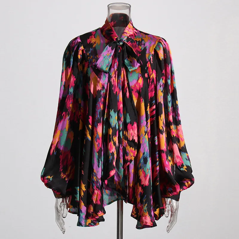 Elegant French Style Long Sleeve Women's Shirt Bow Tie Loose Fit Urban Fashion Commute Shirt Plant Floral Pattern Polyester Lyocell display picture 7