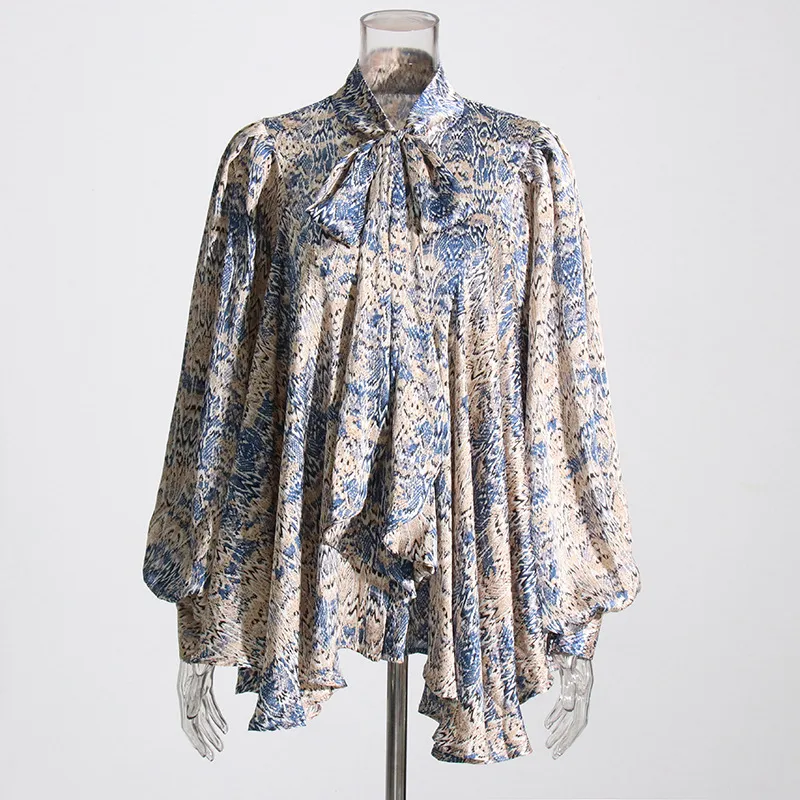 Elegant French Style Long Sleeve Women's Shirt Bow Tie Loose Fit Urban Fashion Commute Shirt Plant Floral Pattern Polyester Lyocell display picture 9