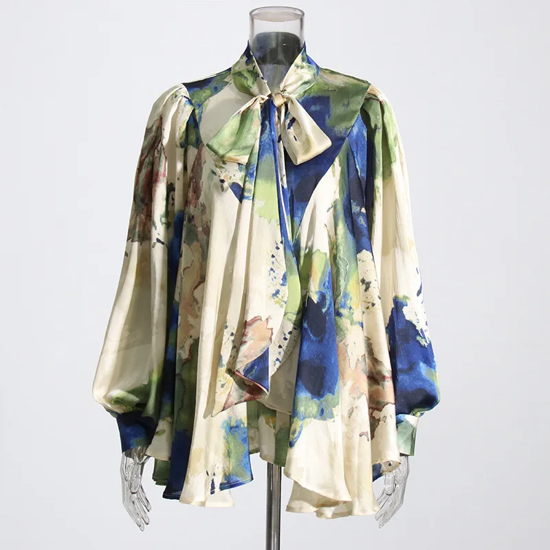 Elegant French Style Long Sleeve Women's Shirt Bow Tie Loose Fit Urban Fashion Commute Shirt Plant Floral Pattern Polyester Lyocell display picture 3