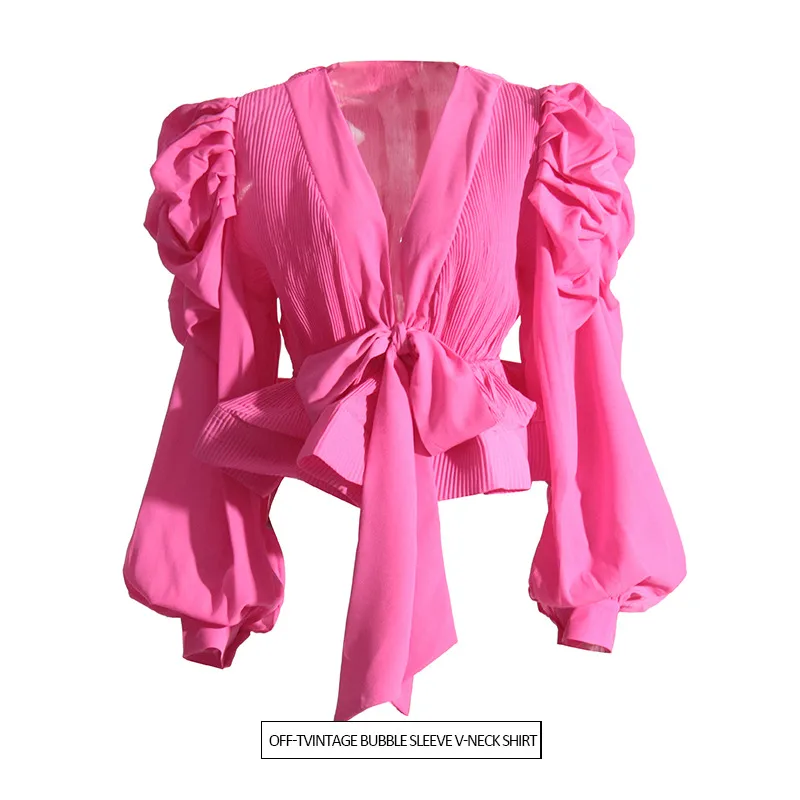 Elegant Long Sleeve Chiffon Shirt With Belt Slim Fit Deep V Neck Bubble Sleeve New Fashion 2025 Ladies Business Casual Top display picture 2